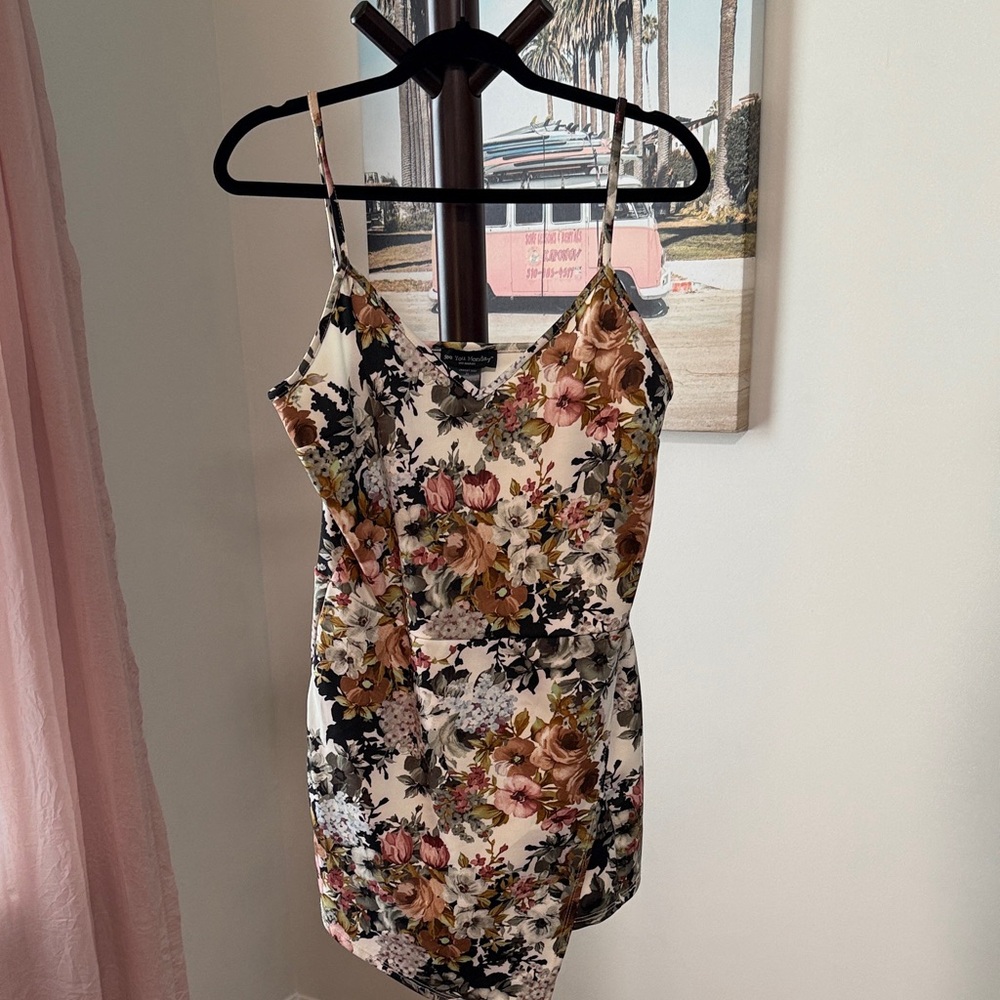 See You on Monday Floral Satin Slip Dress - Ivory Base with Pink & Brown Flowers